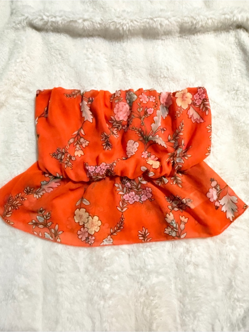 Papaya Orange Floral Strapless Peplum Crop Top